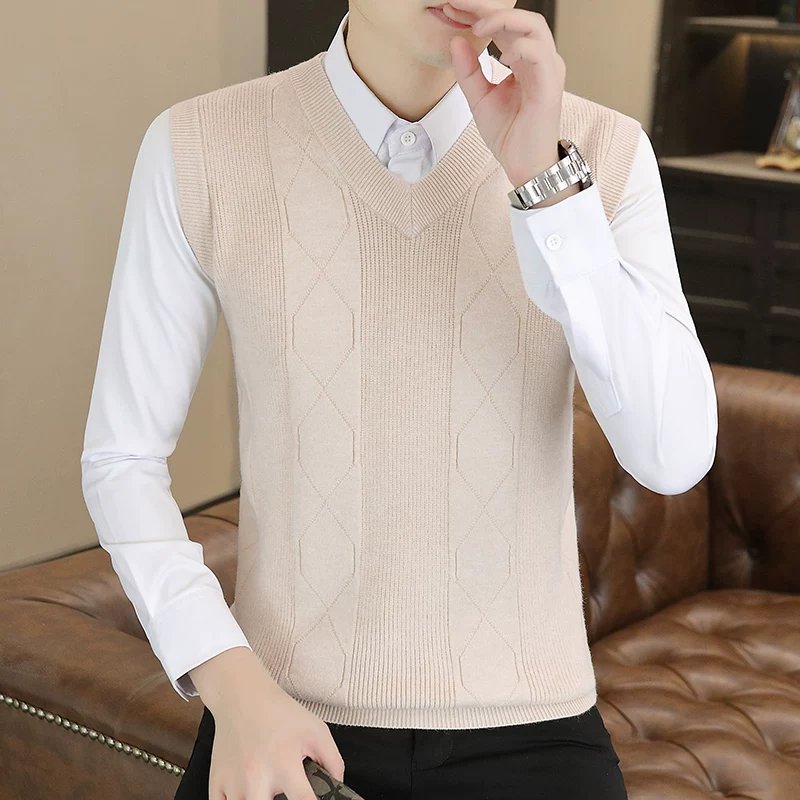Демисезонный свитер, мужской трендовый вязаный жилет без рукавов, Slim fit, для подростков, V-образный вырез