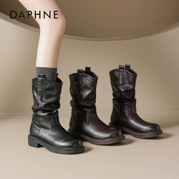 Daphne Brown Thick-Soled Short Boots for Women 2026 New Autumn and Winter Western Cowboy Slouch Boots Women's Boots Riding Boots