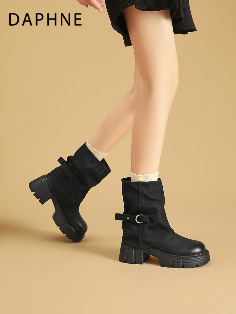 Daphne Retro Thick-Soled Booties 2026 New Autumn and Winter Chunky Heel Short Boots for Petite Height Increase Mid-Calf Boots