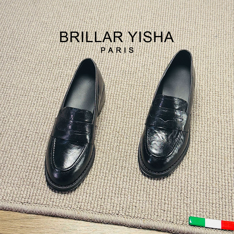 French Brillar Yisha Light Luxury British Style Loafers Retro Slip-On Chunky Heel Women's Leather Shoes