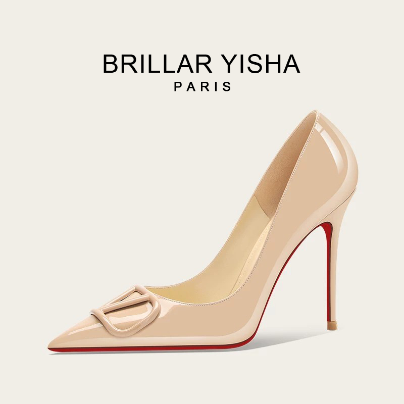 French Brillar Yisha Light Luxury Letter Buckle Patent Leather Nude Pink Red-Soled High Heels Women's Pure Desire Style Single Shoes French Brillar Yisha Light Luxury Letter Buckle Patent Leather Nude Pink Red-Soled High Heels Women's Pure Desire Style Single Shoes