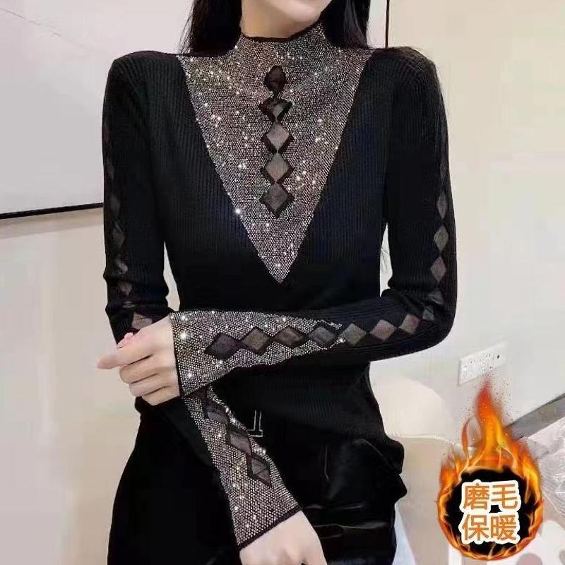 Осень-зима 2025, новая женская рубашка с бриллиантовым низом, трендовая полая тонкая теплая одежда, кружевная рубашка/шифоновая рубашка