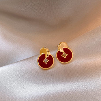 New chinese style red coin earrings for women, autumn and winter retro light luxury high-end earrings, versatile and exquisite ear jewelry