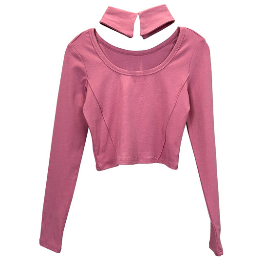 纯欲风性感方领挂脖长袖T恤女设计感小心机洋气修身短款露脐上衣