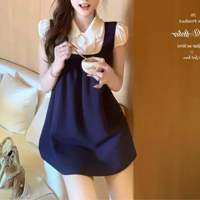 Chishanfan 26/Ss Super Newborn Idol Color-Block Peter Pan Collar Double-Breasted Shirt Faux Two-Piece Dress