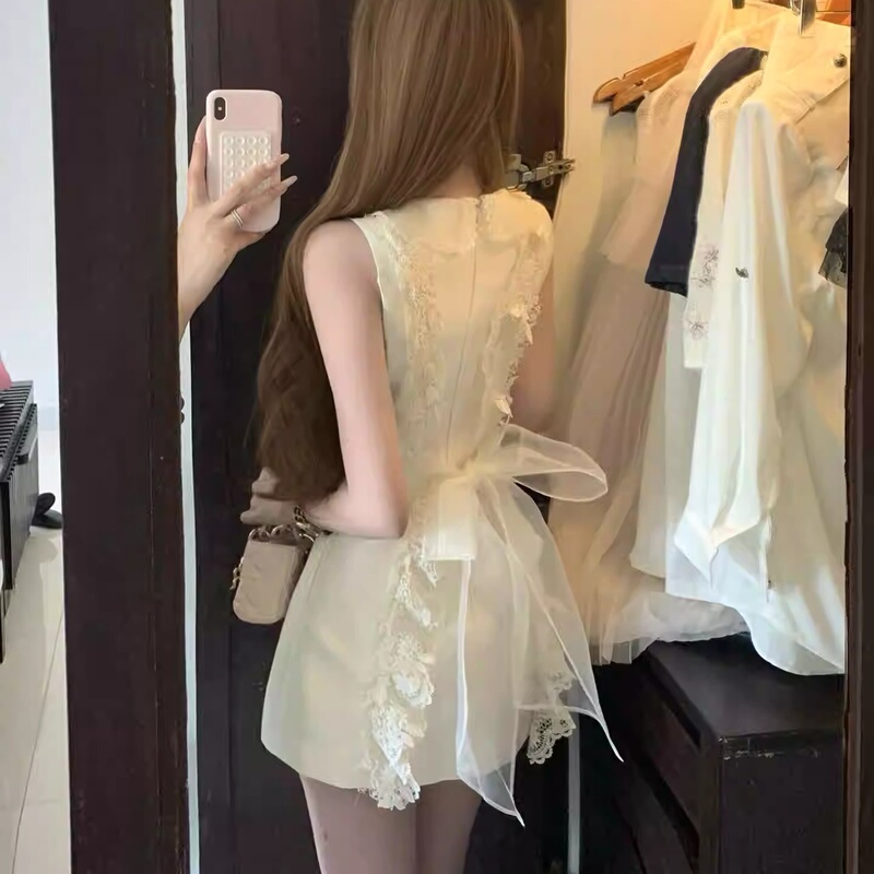 Chisansan 26/Ss Early Summer Whisper Jory* White Sleeveless Tank Dress with Lace-Up Back, Elegant Waist-Cinching Short Dress