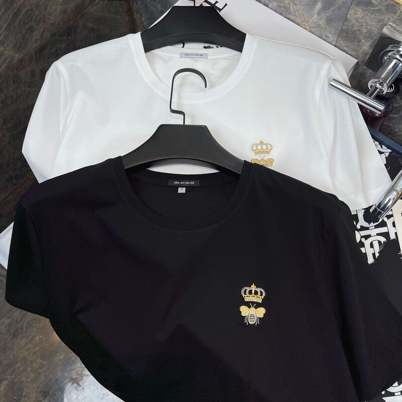 Compatible with Hermès Men's Collaboration 2026 Short-Sleeve T-Shirt, Men's Solid Color Bee Embroidery Ice Silk Half-Sleeve