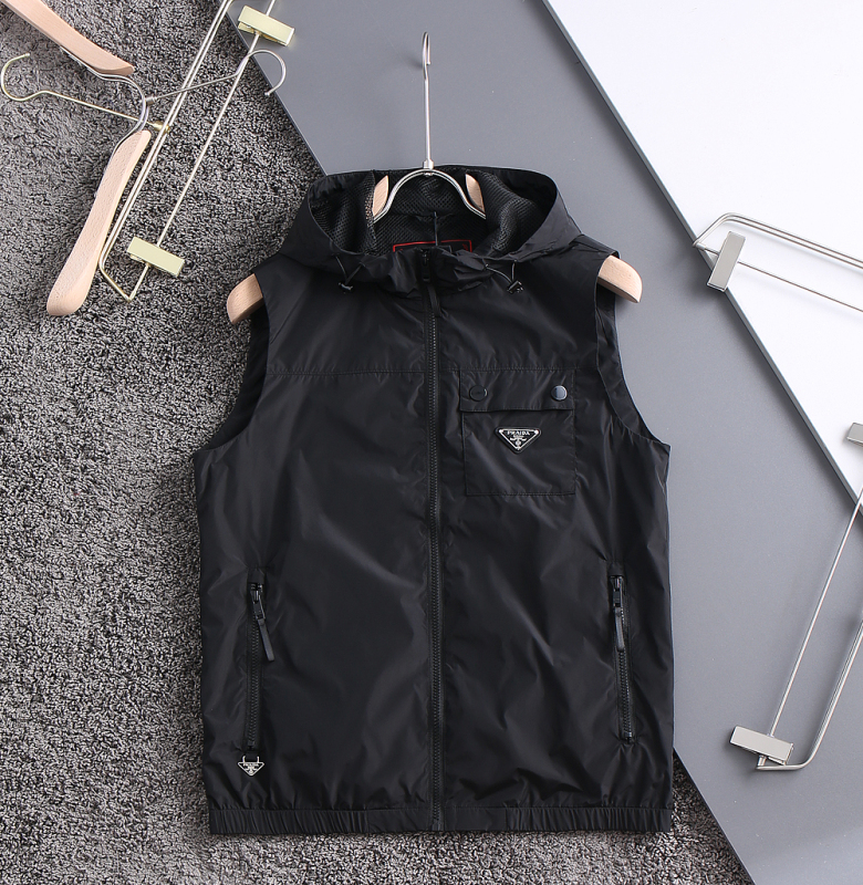 2025 Spring and Summer Thin Trendy Brand Pure Color Casual Quick-Drying Triangle Logo Hooded Vest Men's Vest Sleeveless Waistcoat