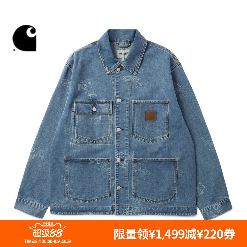 Carhartt Wip Men's Jacket with Classic Logo Label, Cartoon-Style Graphic Print, Denim Workwear Carhartt Carhartt Wip Men's Jacket with Classic Logo Label, Cartoon-Style Graphic Print, Denim Workwear Carhartt