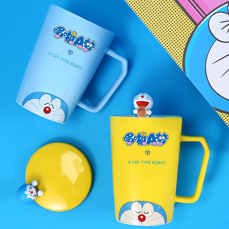 Doraemon water cup girl heart cup ceramic with lid spoon mug cute cartoon home creative coffee cup
