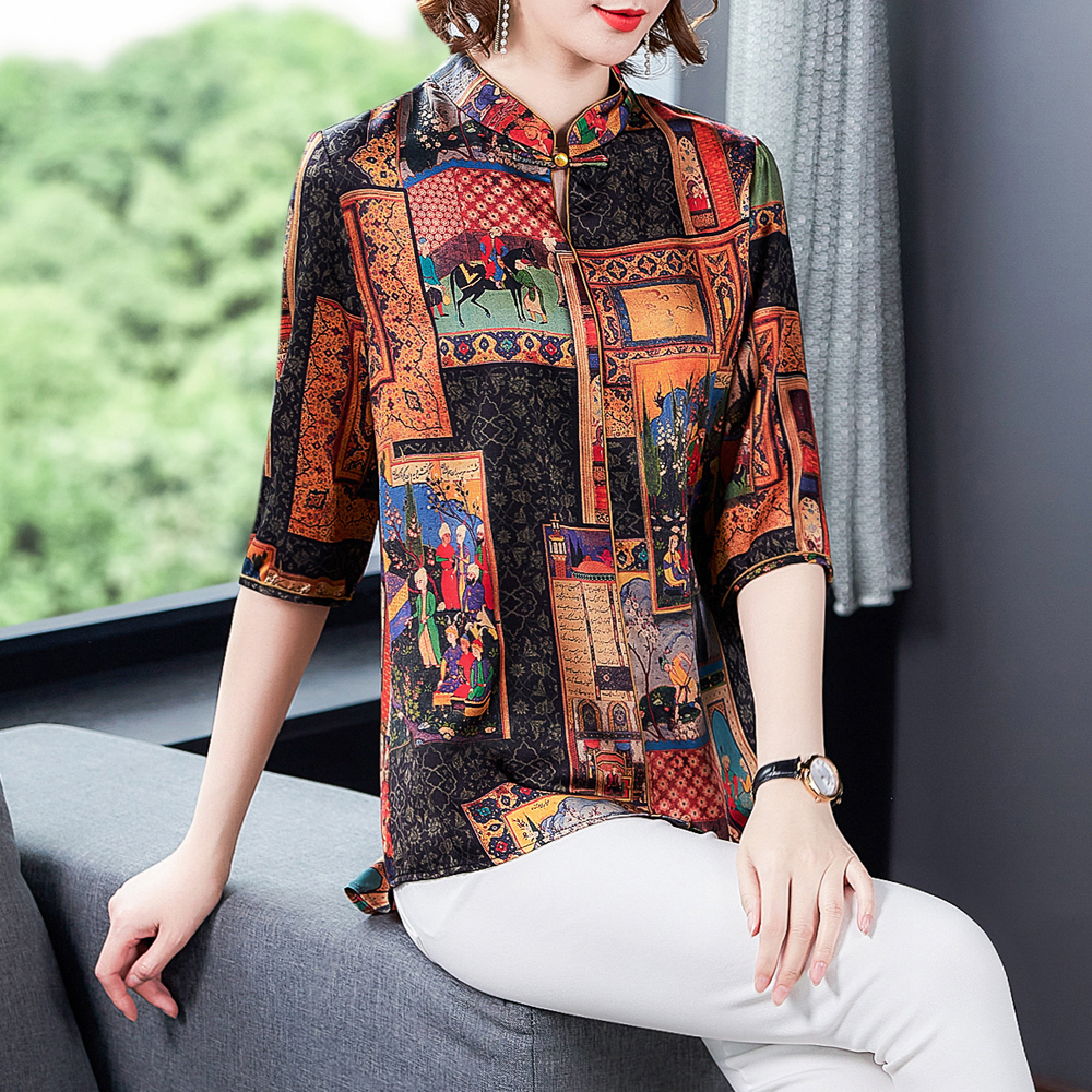 2020 Summer Sleeve Phong cách Quốc Retro in trên Trung niên Mom Shirt 480.505