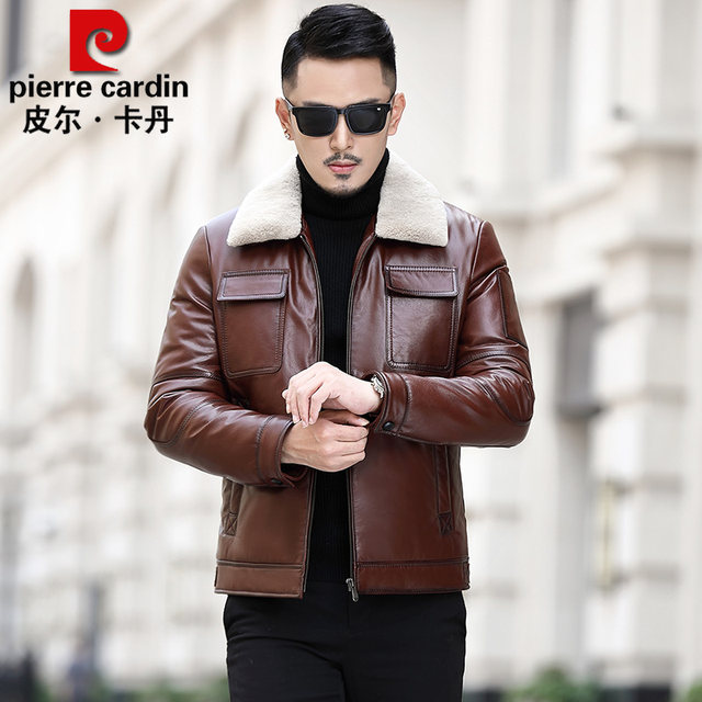 Pierre Cardin Leather Jacket ຜູ້ຊາຍຂອງແທ້ Leather Down Jacket ຜູ້ຊາຍ Cowhide Jacket Thickened Leather Jacket ລະດູຫນາວ 08-89