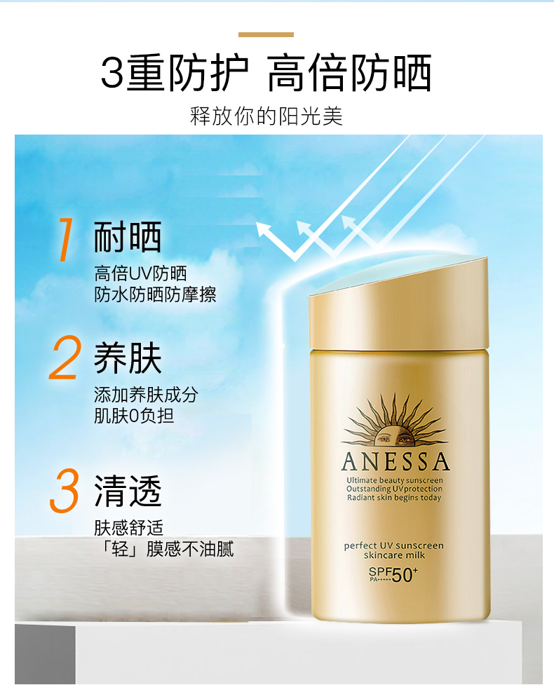 资生堂旗下 安热沙 ANESSA SPF50+ 水能户外小金瓶防晒乳 60ml 图3