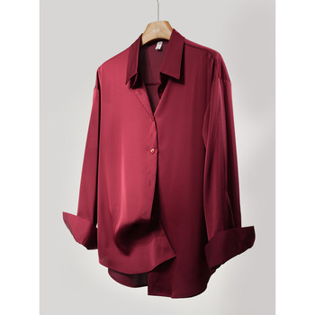 Retro burgundy delicate high-end neutral satin shirt