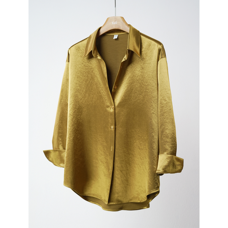 【Premium Gold】Dark Gold High-Weight Satin Shirt, Versatile, Wrinkle-Resistant, Loose-Fitting, Elegant Women's Autumn and Winter Long-Sleeve Shirt