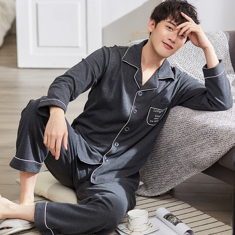 Sleepwear men's spring and autumn pure cotton long sleeve men's family home clothes All cotton autumn and winter style Gats up and code suit