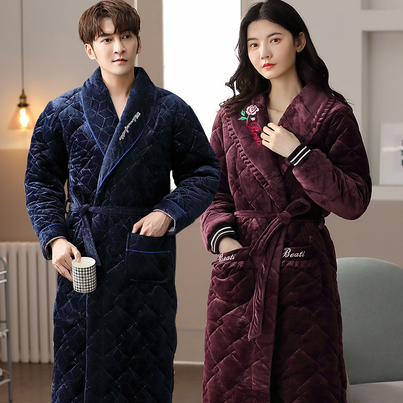 Triple layer thickened coral suede clip cotton sleepwear male winter warm bathrobe woman lengthened with cotton plus suede mom pyjamas