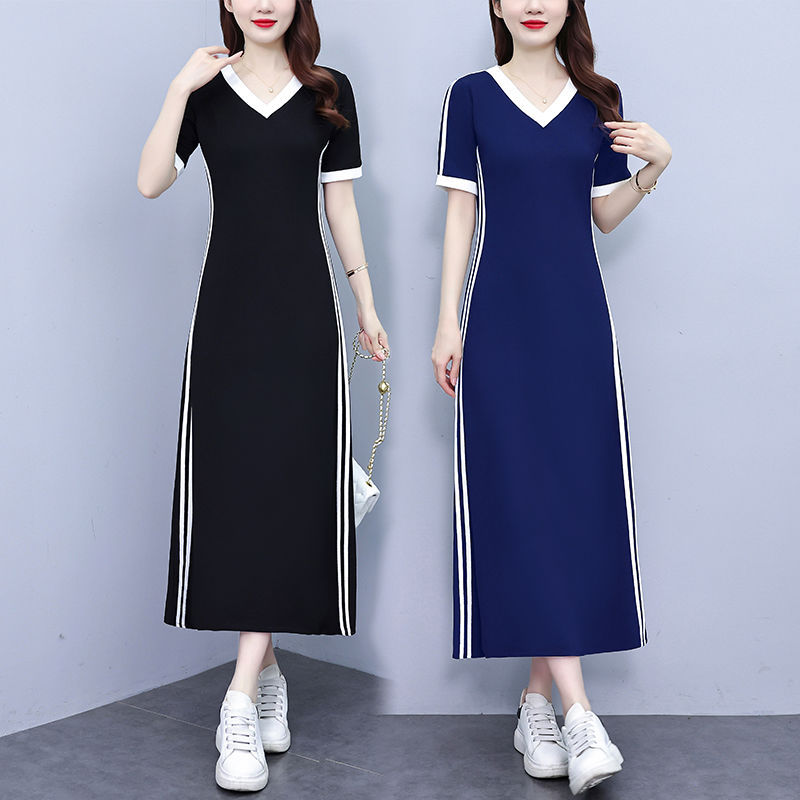 Summer Waist-Slimming V-Neck Sports Casual Dress for Women, Extra-Long Over-The-Knee Stylish Age-Reducing T-Shirt Dress That Reaches the Ankles