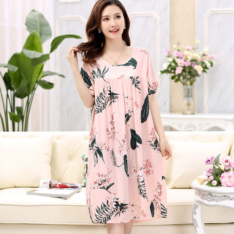 Fat mm mùa hè cotton và lanh mẹ bộ đồ ngủ cho người trung niên và người già bộ đồ ngủ mùa hè nữ nhóm dì cotton lụa tinh khiết rời kích thước lớn - Đêm đầm