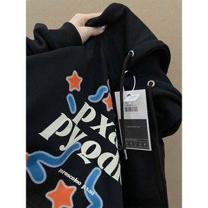 American retro heavy black hooded sweater men and women spring and autumn trendy brand oversize loose coat large size top
