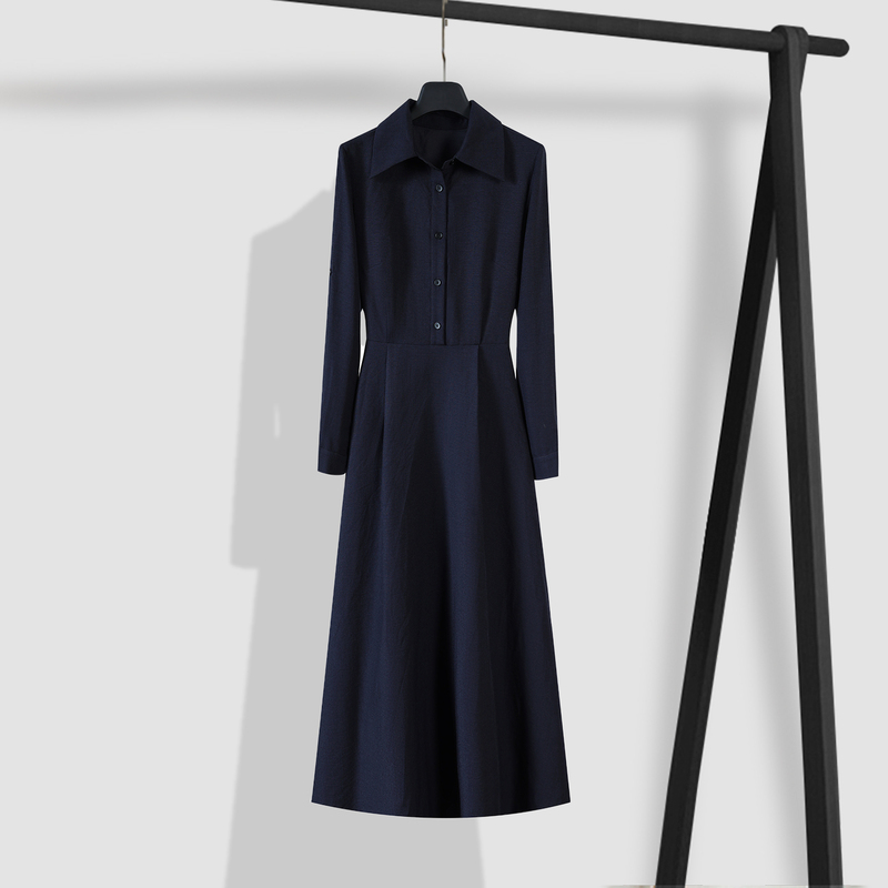 Navy Blue Shirt Dress for Women, Spring and Autumn 2026 New Style, Simple and Elegant, Waist-Cinching Long Dress with a High-End Feel Navy Blue Shirt Dress for Women, Spring and Autumn 2026 New Style, Simple and Elegant, Waist-Cinching Long Dress with a High-End Feel