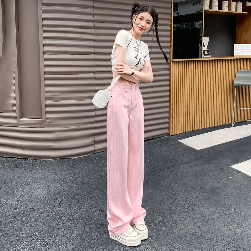Pink Slim Straight-Leg Jeans for Women, Popular in Spring and Autumn, 2025 New High-Waisted Slimming Fashionable Drapey Wide-Leg Pants