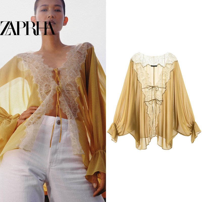 2026 Summer New Style Retro Romantic Style Ginger Yellow Lace Splicing Lace-Up Loose Shirt for Women 9038832