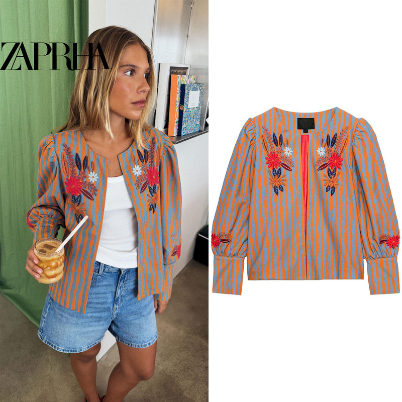 Autumn Niche Retro Striped Blouse with Elaborate Floral Embroidery, Lantern Sleeves, Elegant Vacation Style Cardigan 2855201