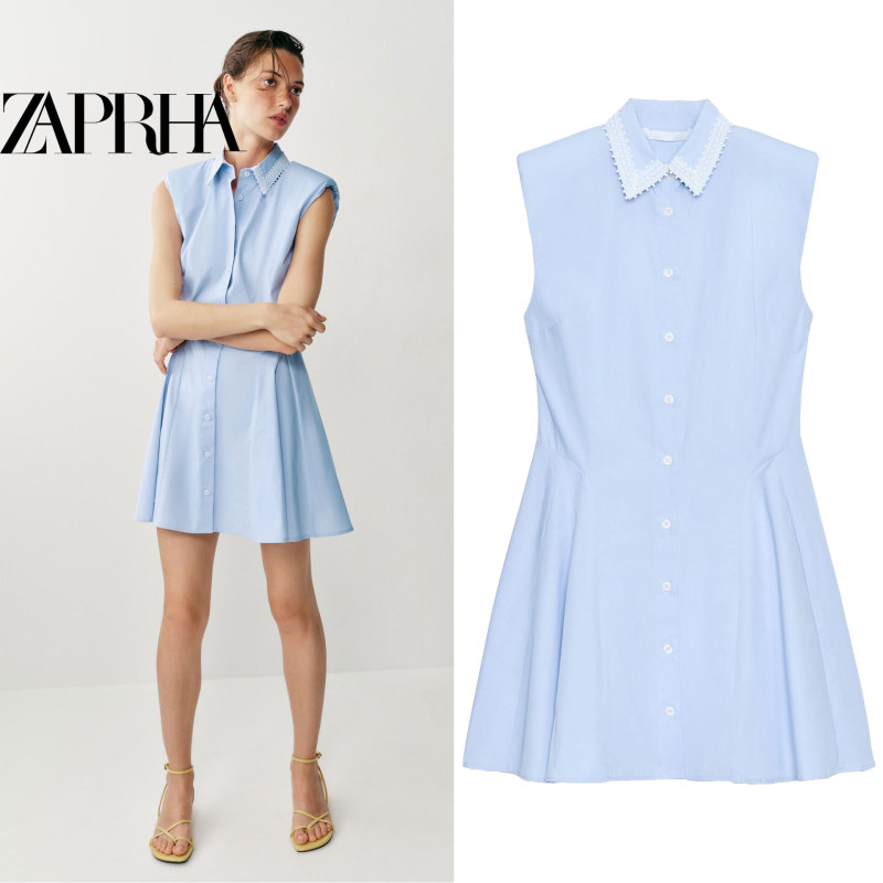 2026 Summer New Light Blue Gentle College Style Lace Collar Waist-Cinching Sleeveless Shirt Dress 0387073 2026 Summer New Light Blue Gentle College Style Lace Collar Waist-Cinching Sleeveless Shirt Dress 0387073