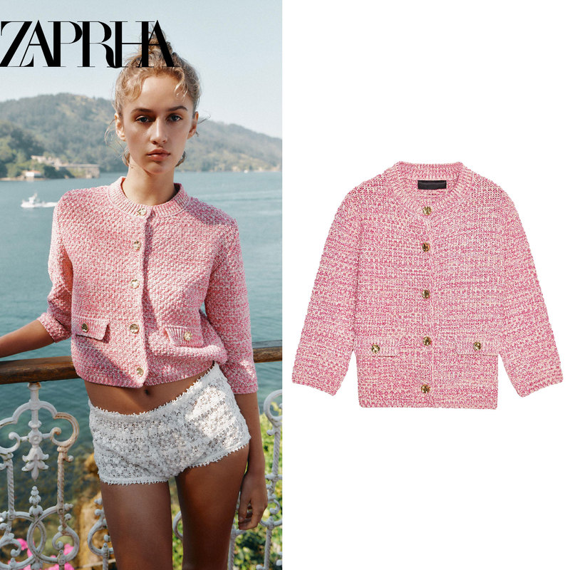 Zaprha 2025 Autumn New Fashion Casual Pink Three-Quarter Sleeve Knitted Cardigan Short Jacket for Women 6427041