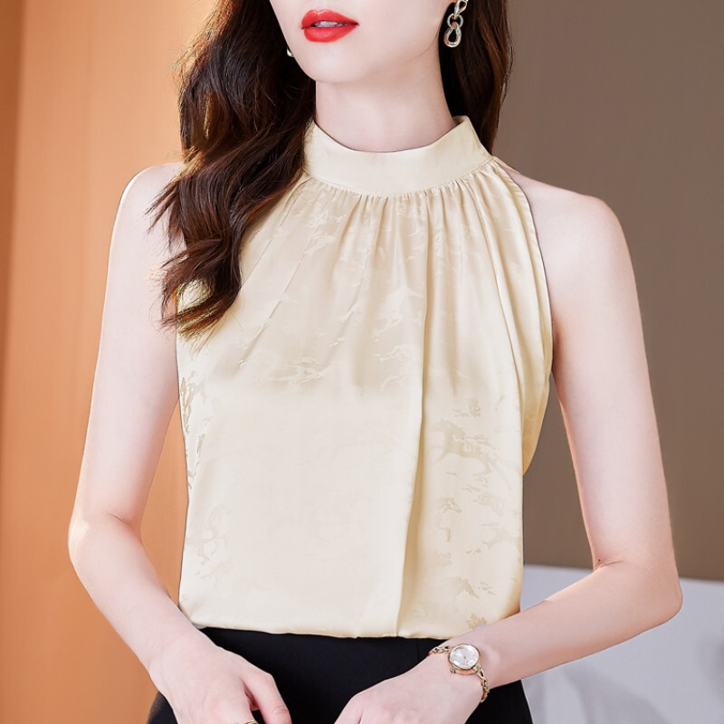 French-Style Stand-Up Collar Halter Neck Sleeveless Satin Shirt for Women, Summer Style, High-End Satin Shirt, Waistcoat, Age-Reducing Top