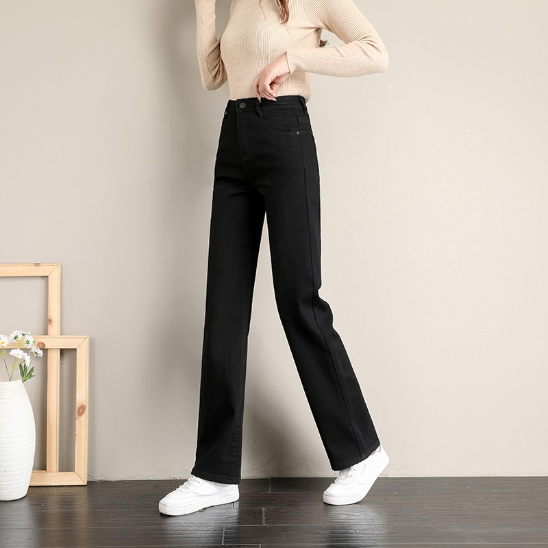 Black jeans women's loose straight high waist 2022 spring and autumn new small tall and small wide-leg pants plus velvet