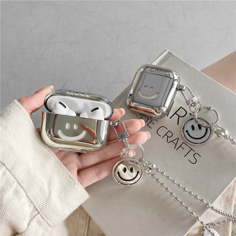 ins electroplating smiley airpods protective shell airpodsPro protective cover suitable for iPhone headphone shell Apple wireless bluetooth headset cover 2nd generation 3rd generation metal chain day