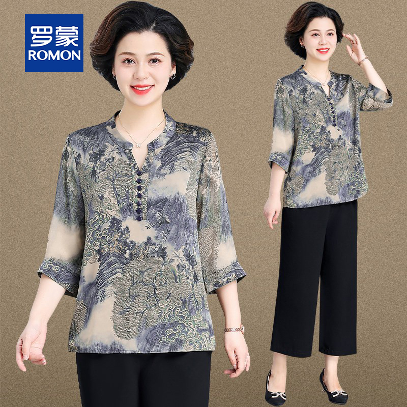Mom's Summer Outfit Set, Plus Size, New Spring/Summer Style, Xiangyun Silk Blouse, Grandma's Clothing, Middle-Aged and Elderly Ice Silk Short-Sleeved Top for Women
