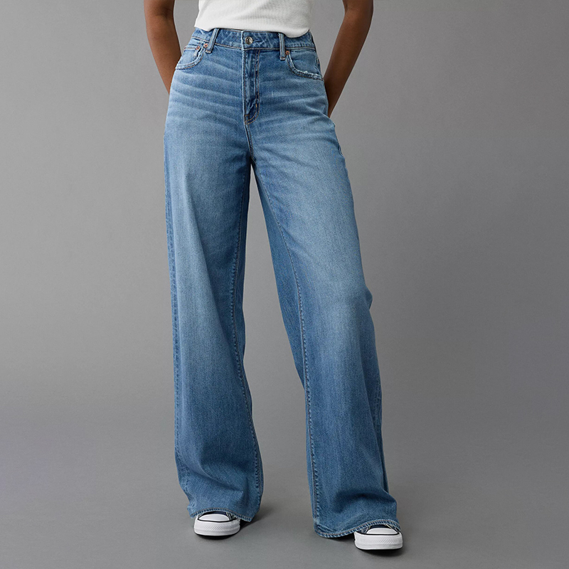Aeo American Eagle Summer New Blue Ultra-High-Waisted Stretch Jeans for Women, Loose Slimming Wide-Leg Straight Pants