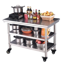 Thickened stall outdoor stainless steel worktable with wheels three-layer table commercial kitchen working table