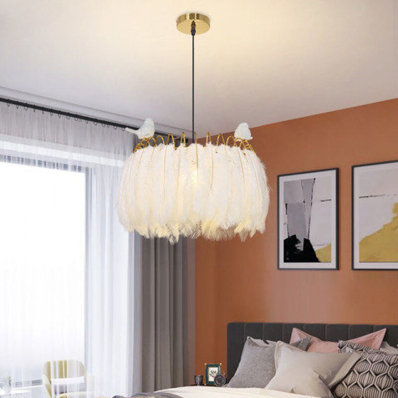 Hot Pins Net Red Nordic Teenage Girl Hearts Bedroom Ostrich Wool Hanging Light Bedroom Dining Room Cozy Children Room Crystal Feather