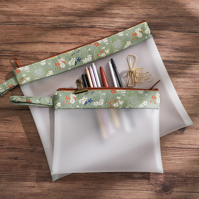 Antique A4 file bag transparent data test paper storage bag student with pull side bag retro Chinese style large-capacity information bag bill handbag A5 folder cosmetic bag small fresh stationery bag