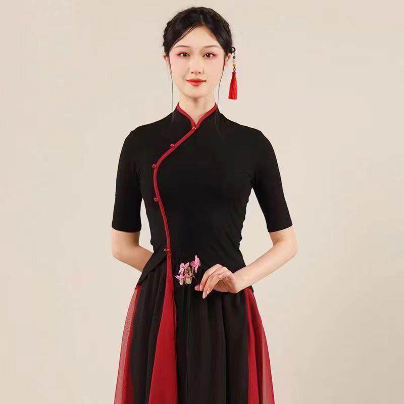 New Classical Dance Dancer Costume Women Black Modern Dance Body Rhymes Chinese Wind Qipao With Short Sleeve Blouses-Taobao