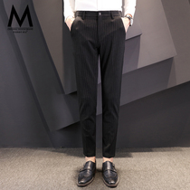 Casual pants mens 2020 summer new striped mens small feet trousers youth business trousers Korean slim pants