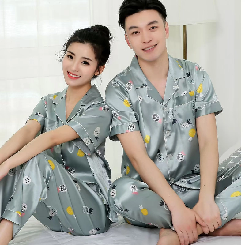 Cặp đôi đồ ngủ nữ Xia Bingsi mỏng gợi cảm mùa xuân và mùa thu ngắn tay dễ thương sinh viên lụa mùa hè dịch vụ tại nhà phù hợp với nam - Cặp đôi