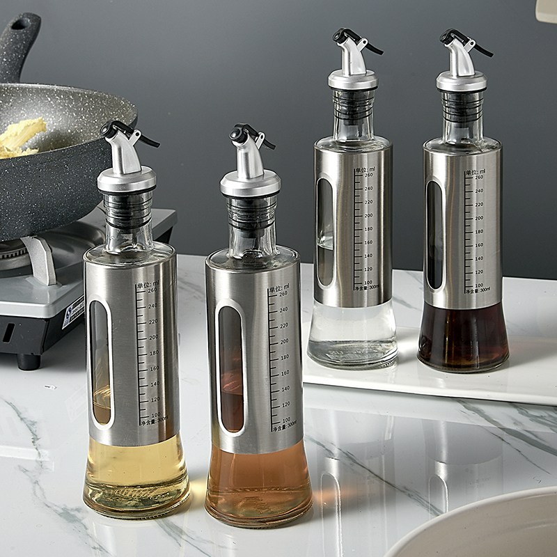 Glass oil pot oil barrel edible oil oil tank soy sauce vinegar seasoning bottle kitchen 304 stainless steel household oil and vinegar tank oil bottle