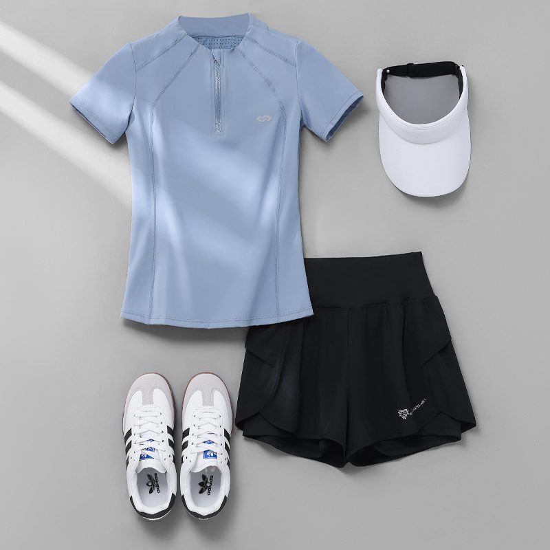 女性用プロフェッショナルモーニングランニングスーツ、新しい夏のランニングフィットネススーツ、半袖速乾スーツ、スリムハイキングスーツ