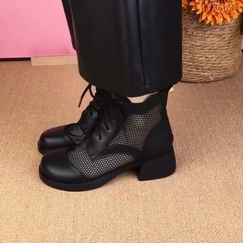 Soft Leather Short Boots for Women, New Spring and Summer Style, Lace-Up Hollow Mesh Martin Boots, Thick Heel Mesh Boots, Breathable Women's Boots, Sandals