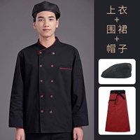 Лента, черный лонгслив, красная юбка в складку, фартук, берет