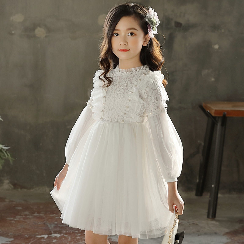 Girl Gown Dress Ocean Dress 2022 New Spring Autumn Dress CUHK Child Han's Version Foreign Pie Lace Princess Dress