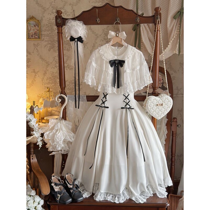 White Rose Contract Japanese-Style Summer New Lace Cape Half-Sleeve Dress with Brooch and Double-Layer Lace Waist-Cinching Design