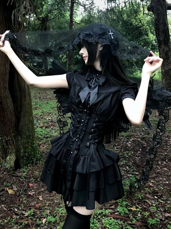 Silent Forest Dark Gothic Style Lightly Elegant Bow Collar Short Sleeve Waist-Slimming Puffy Dress