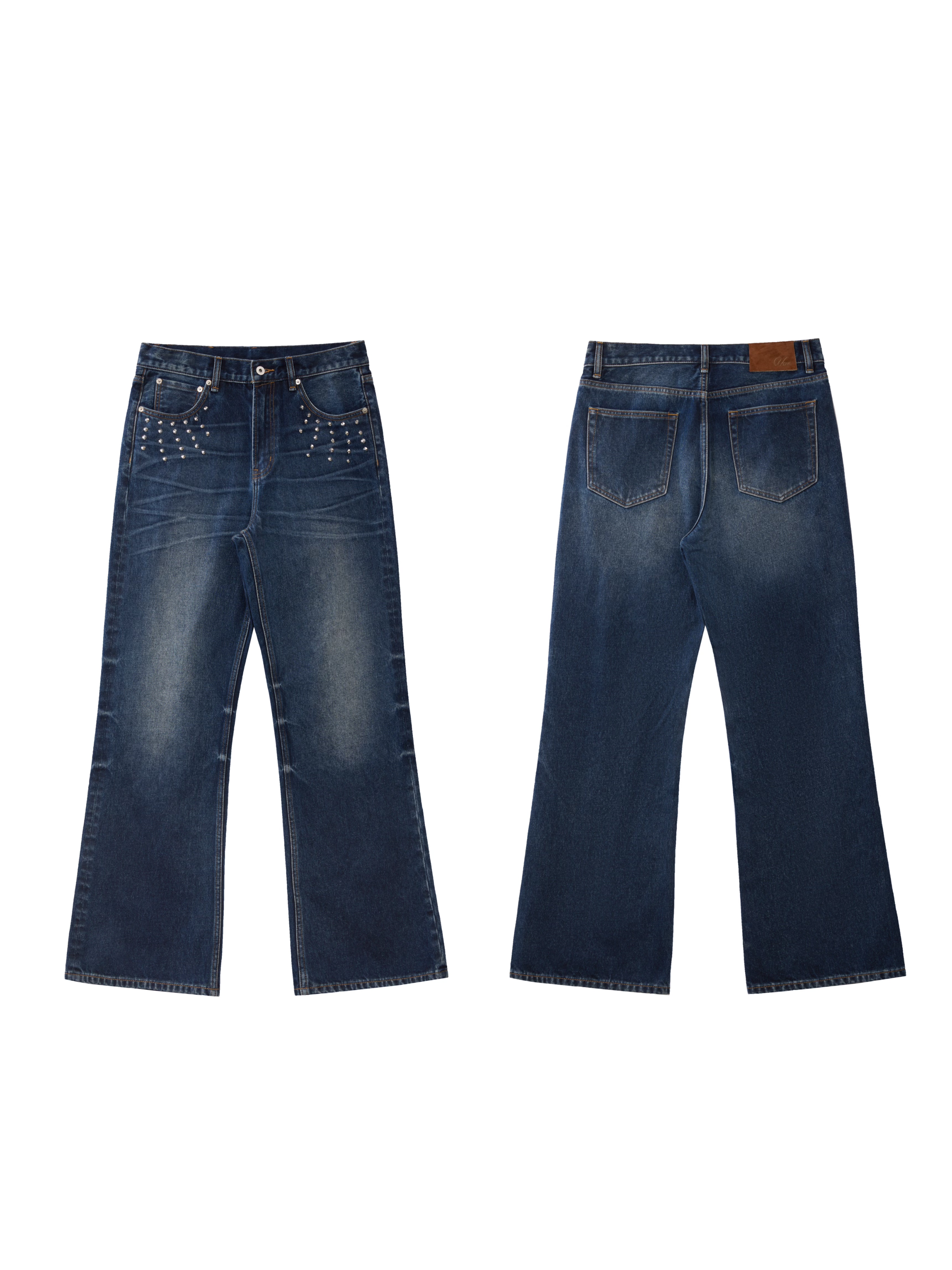 VOWPROGRESS Studded Rivet Dark Blue Flared Jeans