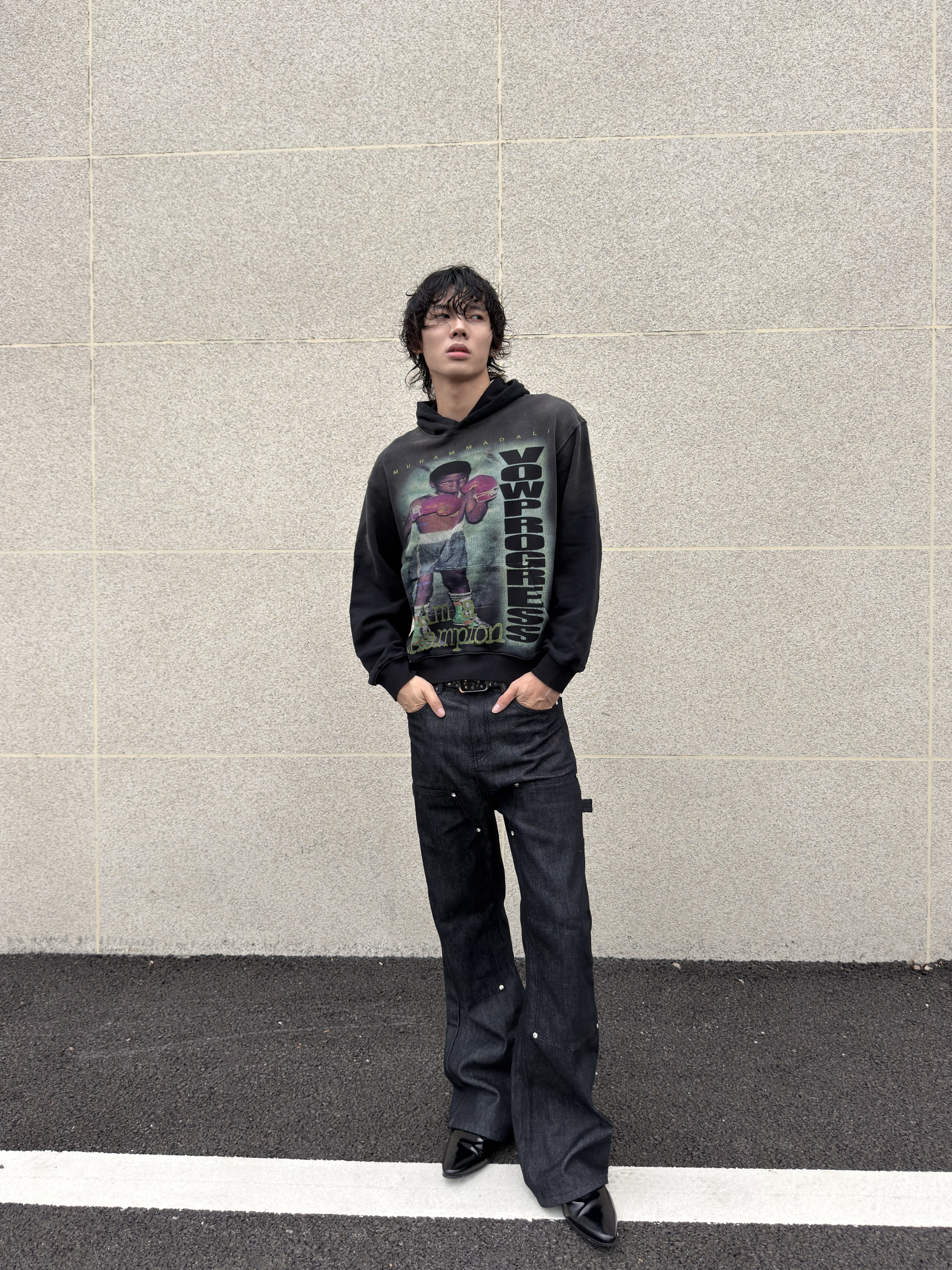 VOWPROGRESS Sun-Faded Black 400g Slim-Fit Hoodie
